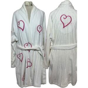 1990's Victoria's Secret White Cotton Terry Cloth Pink Embroidered Hearts Robe
